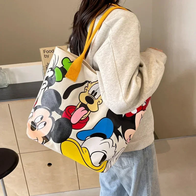 Disney Mickey Mouse Cartoon Large Capacity Canvas Shoulder Bag Female Cute Tote Student School Bag Minnie Handbag
