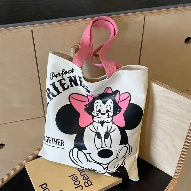Disney Mickey Mouse Cartoon Large Capacity Canvas Shoulder Bag Female Cute Tote Student School Bag Minnie Handbag