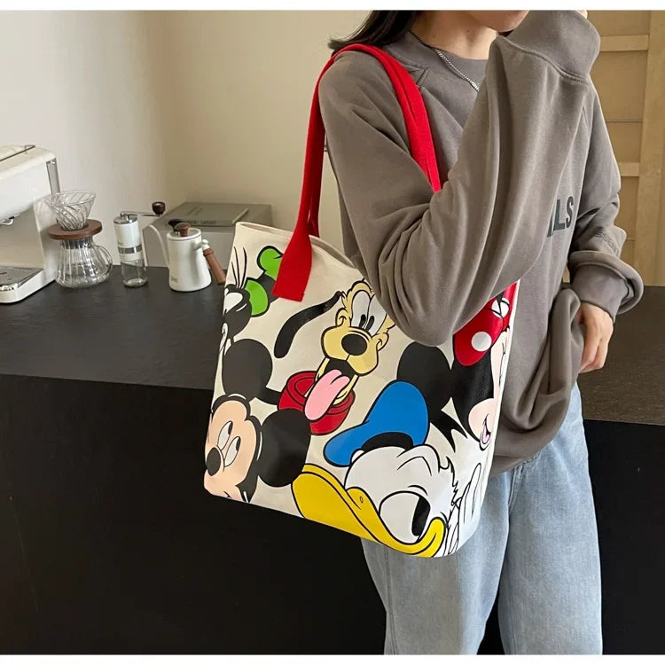 Disney Mickey Mouse Cartoon Large Capacity Canvas Shoulder Bag Female Cute Tote Student School Bag Minnie Handbag