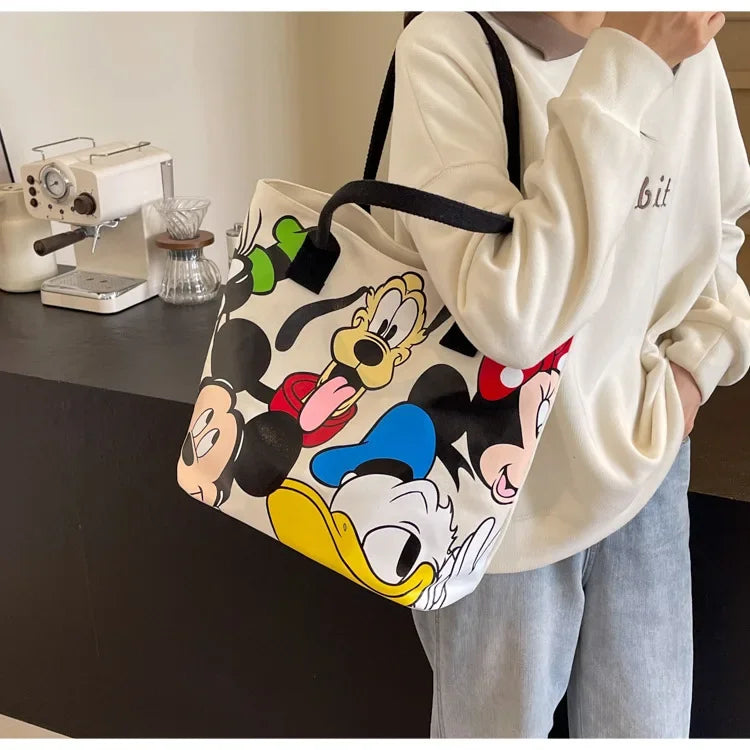 Disney Mickey Mouse Cartoon Large Capacity Canvas Shoulder Bag Female Cute Tote Student School Bag Minnie Handbag