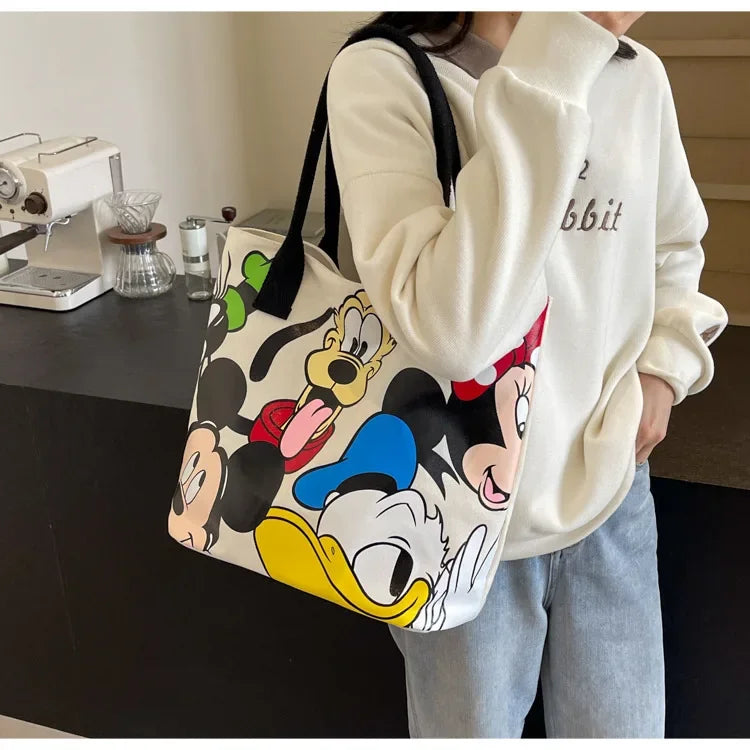 Disney Mickey Mouse Cartoon Large Capacity Canvas Shoulder Bag Female Cute Tote Student School Bag Minnie Handbag