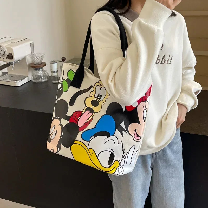 Disney Mickey Mouse Cartoon Large Capacity Canvas Shoulder Bag Female Cute Tote Student School Bag Minnie Handbag