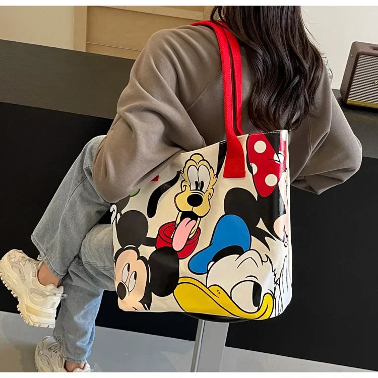 Disney Mickey Mouse Cartoon Large Capacity Canvas Shoulder Bag Female Cute Tote Student School Bag Minnie Handbag