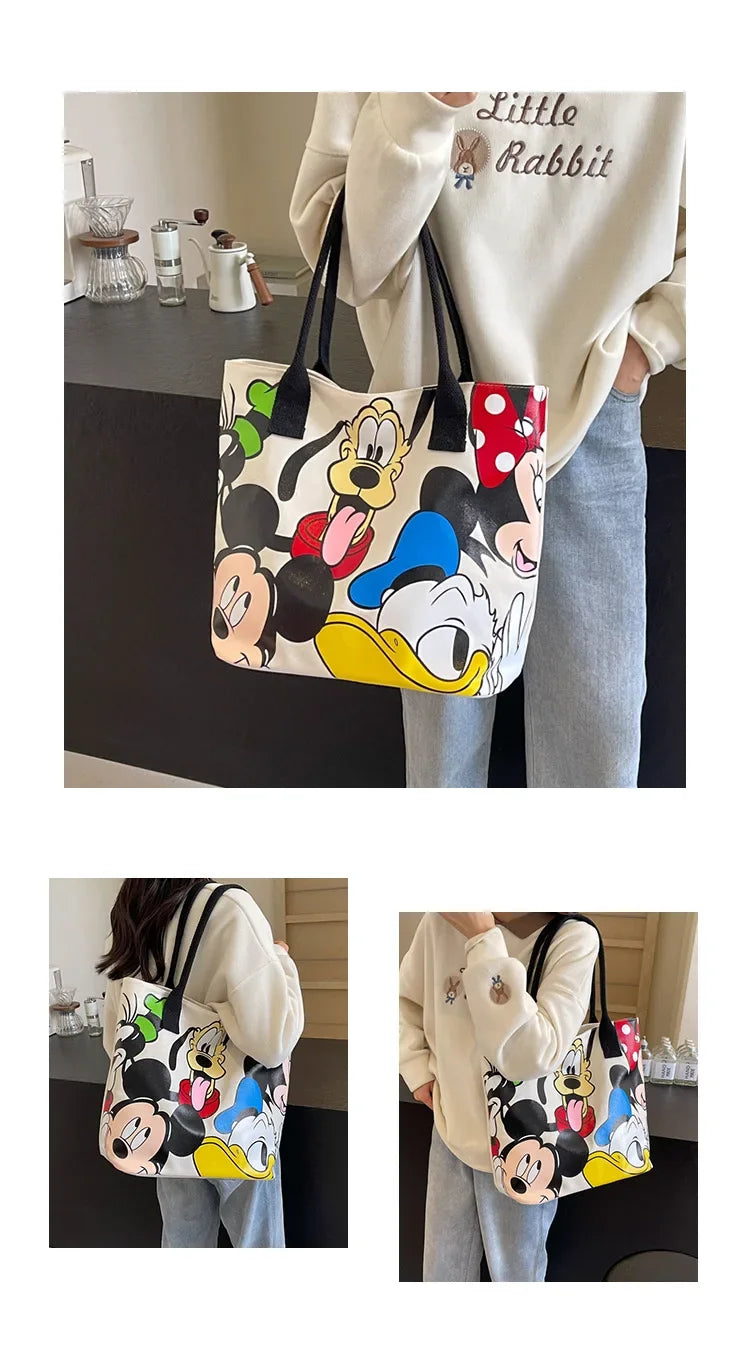 Disney Mickey Mouse Cartoon Large Capacity Canvas Shoulder Bag Female Cute Tote Student School Bag Minnie Handbag
