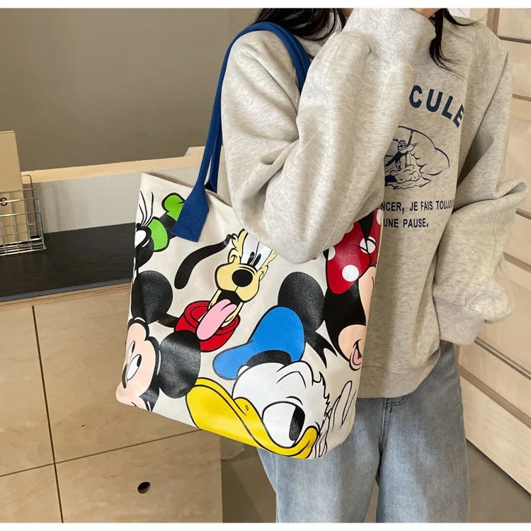 Disney Mickey Mouse Cartoon Large Capacity Canvas Shoulder Bag Female Cute Tote Student School Bag Minnie Handbag