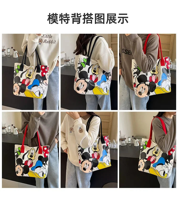 Disney Mickey Mouse Cartoon Large Capacity Canvas Shoulder Bag Female Cute Tote Student School Bag Minnie Handbag