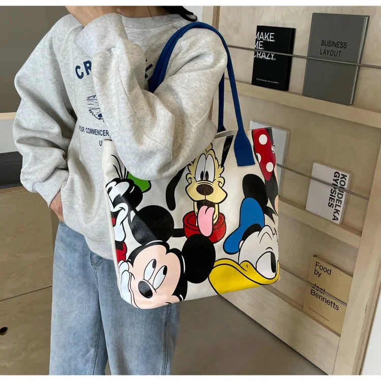 Disney Mickey Mouse Cartoon Large Capacity Canvas Shoulder Bag Female Cute Tote Student School Bag Minnie Handbag