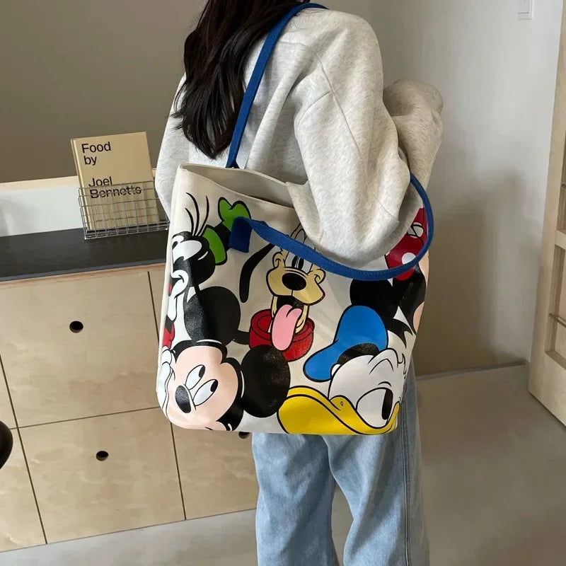 Disney Mickey Mouse Cartoon Large Capacity Canvas Shoulder Bag Female Cute Tote Student School Bag Minnie Handbag