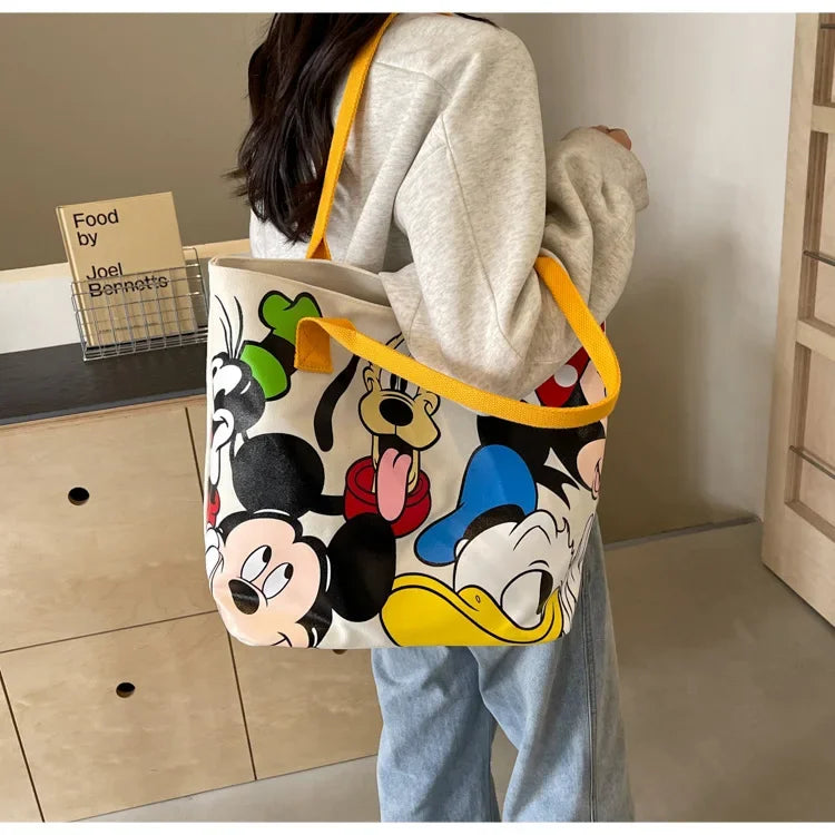 Disney Mickey Mouse Cartoon Large Capacity Canvas Shoulder Bag Female Cute Tote Student School Bag Minnie Handbag