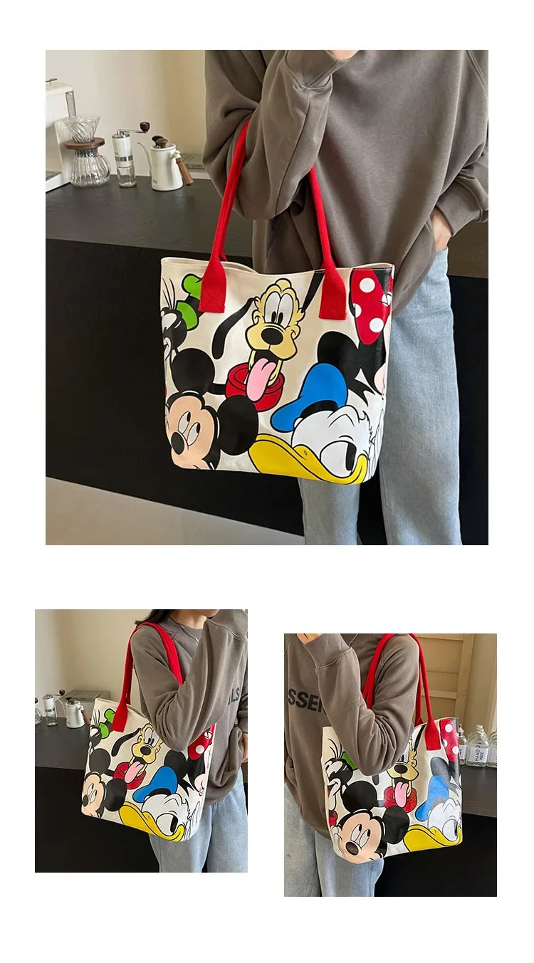 Disney Mickey Mouse Cartoon Large Capacity Canvas Shoulder Bag Female Cute Tote Student School Bag Minnie Handbag
