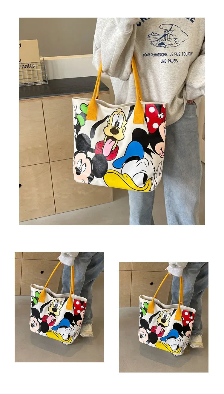 Disney Mickey Mouse Cartoon Large Capacity Canvas Shoulder Bag Female Cute Tote Student School Bag Minnie Handbag
