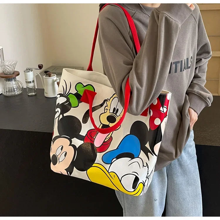 Disney Mickey Mouse Cartoon Large Capacity Canvas Shoulder Bag Female Cute Tote Student School Bag Minnie Handbag