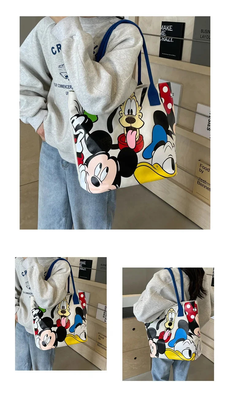 Disney Mickey Mouse Cartoon Large Capacity Canvas Shoulder Bag Female Cute Tote Student School Bag Minnie Handbag