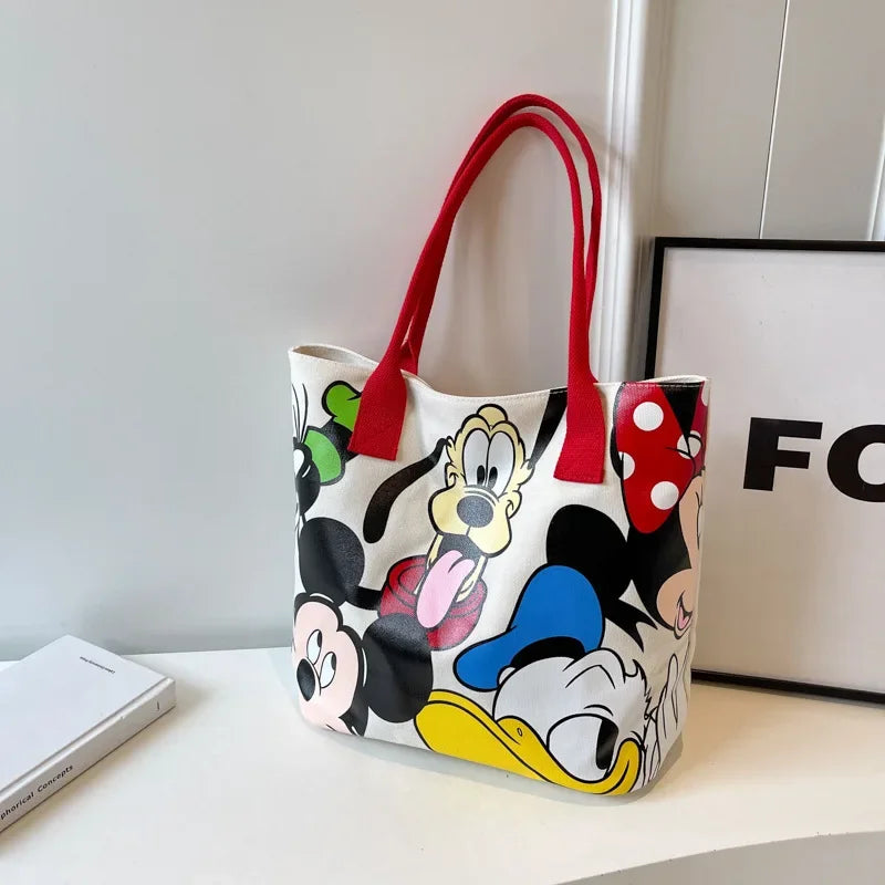 Disney Mickey Mouse Cartoon Large Capacity Canvas Shoulder Bag Female Cute Tote Student School Bag Minnie Handbag