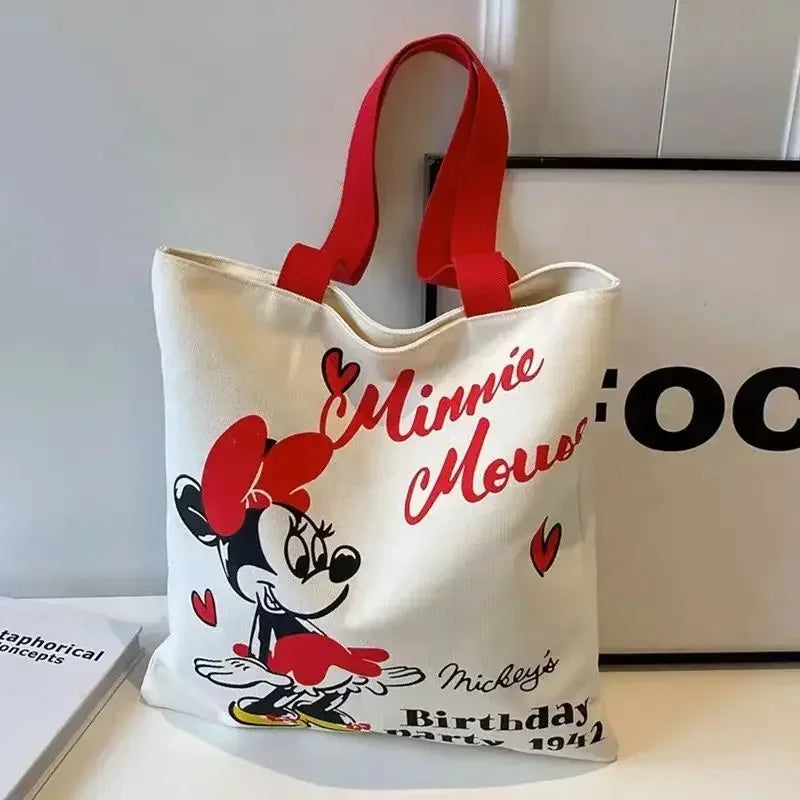 Disney Mickey Mouse Cartoon Large Capacity Canvas Shoulder Bag Female Cute Tote Student School Bag Minnie Handbag