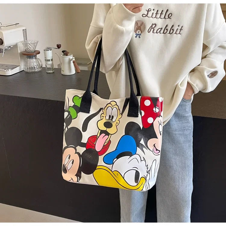 Disney Mickey Mouse Cartoon Large Capacity Canvas Shoulder Bag Female Cute Tote Student School Bag Minnie Handbag