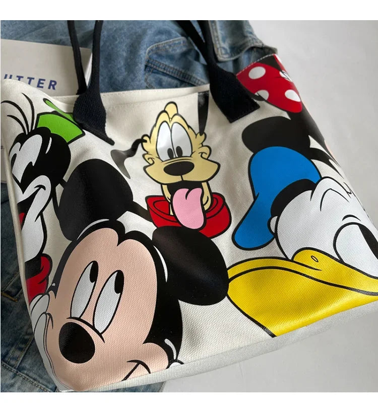 Disney Mickey Mouse Cartoon Large Capacity Canvas Shoulder Bag Female Cute Tote Student School Bag Minnie Handbag