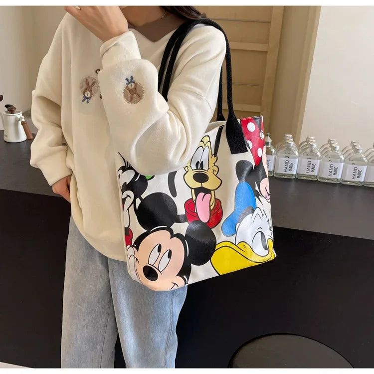 Disney Mickey Mouse Cartoon Large Capacity Canvas Shoulder Bag Female Cute Tote Student School Bag Minnie Handbag
