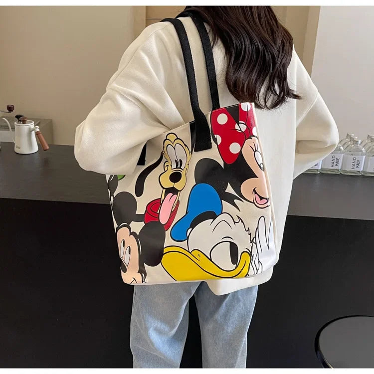 Disney Mickey Mouse Cartoon Large Capacity Canvas Shoulder Bag Female Cute Tote Student School Bag Minnie Handbag