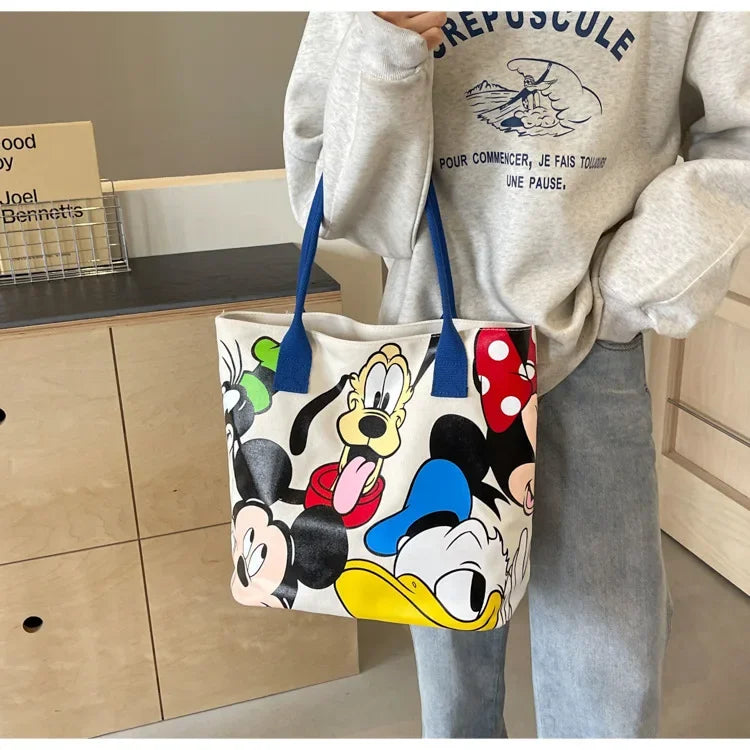 Disney Mickey Mouse Cartoon Large Capacity Canvas Shoulder Bag Female Cute Tote Student School Bag Minnie Handbag