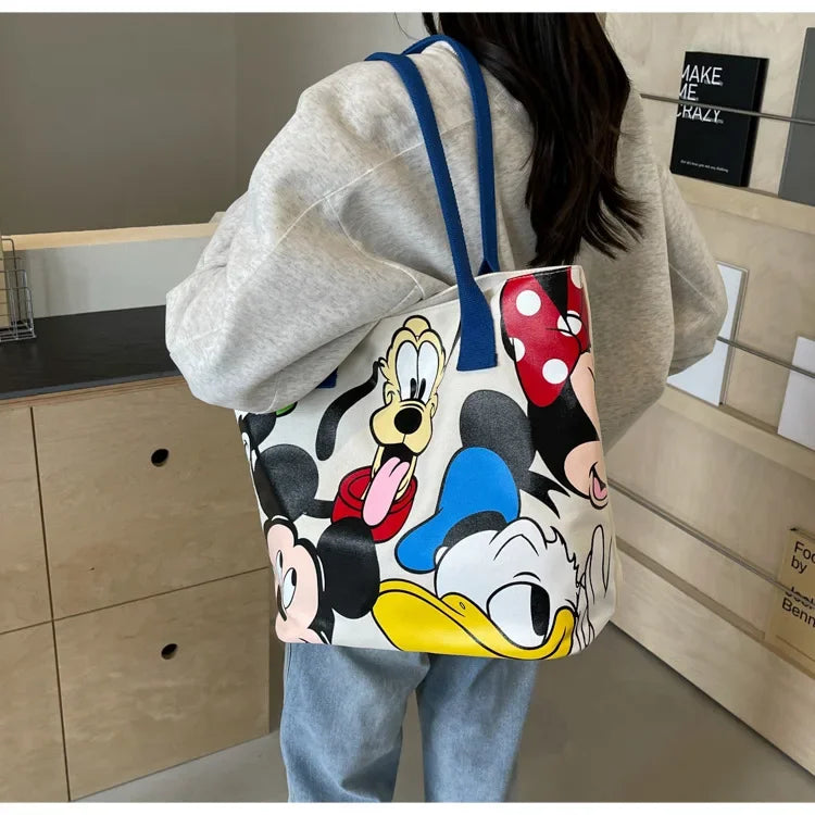 Disney Mickey Mouse Cartoon Large Capacity Canvas Shoulder Bag Female Cute Tote Student School Bag Minnie Handbag