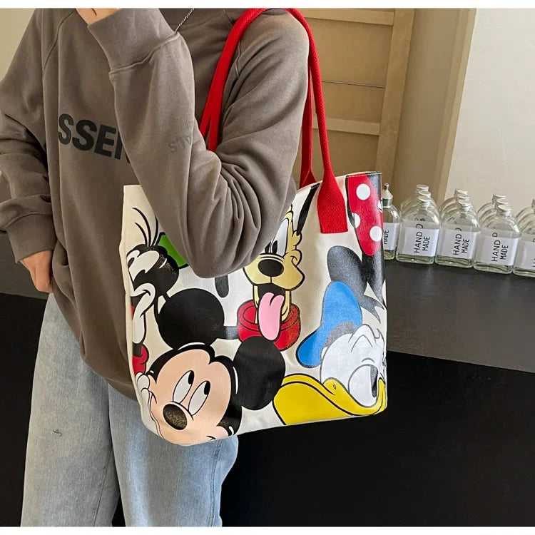 Disney Mickey Mouse Cartoon Large Capacity Canvas Shoulder Bag Female Cute Tote Student School Bag Minnie Handbag