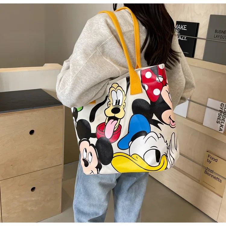 Disney Mickey Mouse Cartoon Large Capacity Canvas Shoulder Bag Female Cute Tote Student School Bag Minnie Handbag