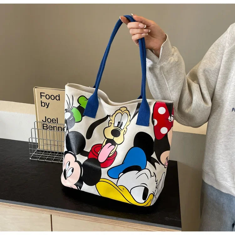 Disney Mickey Mouse Cartoon Large Capacity Canvas Shoulder Bag Female Cute Tote Student School Bag Minnie Handbag