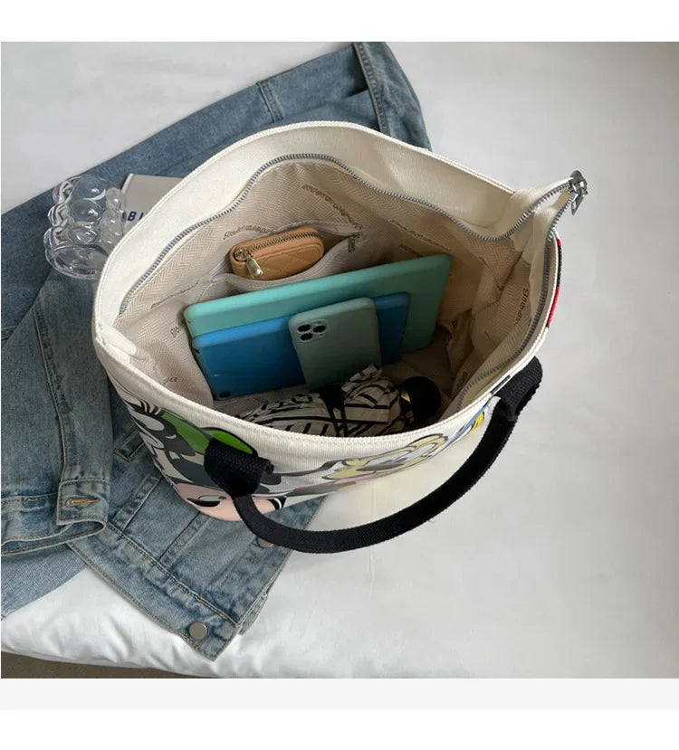 Disney Mickey Mouse Cartoon Large Capacity Canvas Shoulder Bag Female Cute Tote Student School Bag Minnie Handbag