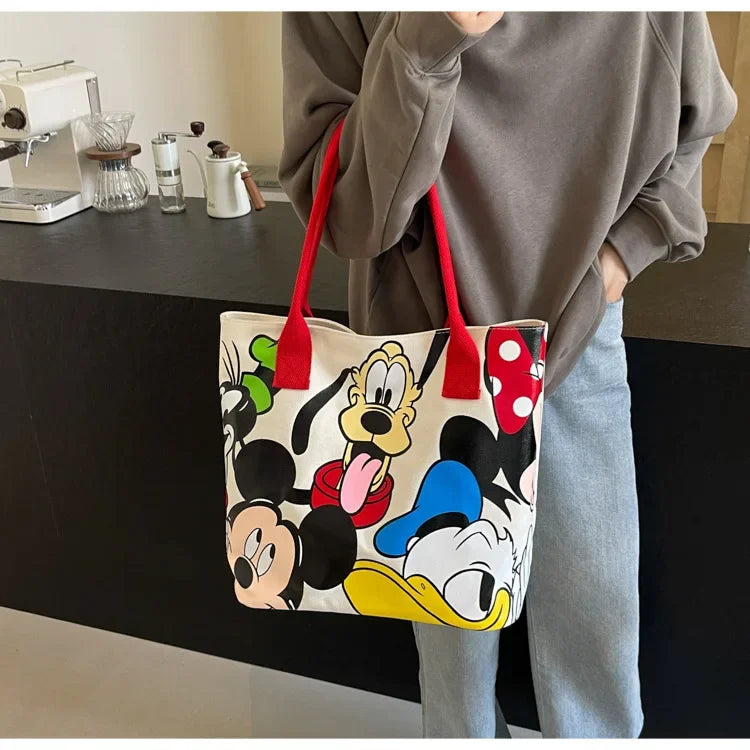 Disney Mickey Mouse Cartoon Large Capacity Canvas Shoulder Bag Female Cute Tote Student School Bag Minnie Handbag
