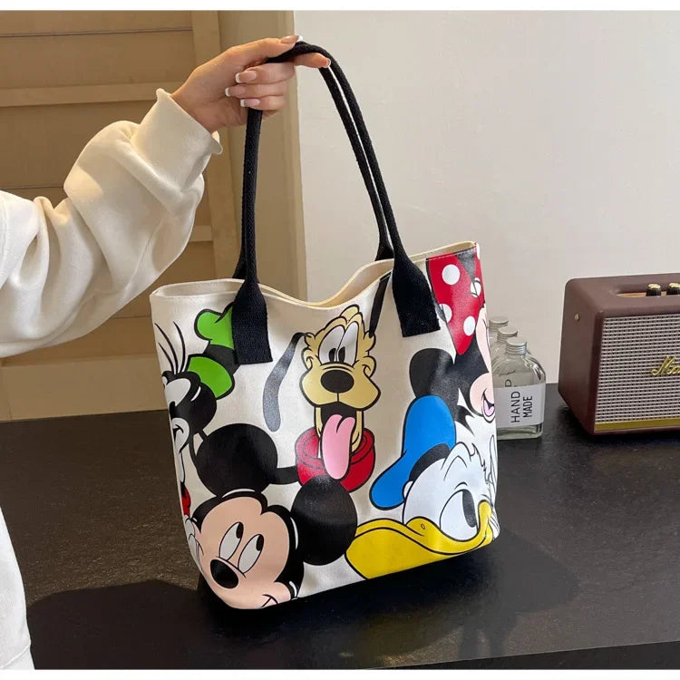 Disney Mickey Mouse Cartoon Large Capacity Canvas Shoulder Bag Female Cute Tote Student School Bag Minnie Handbag