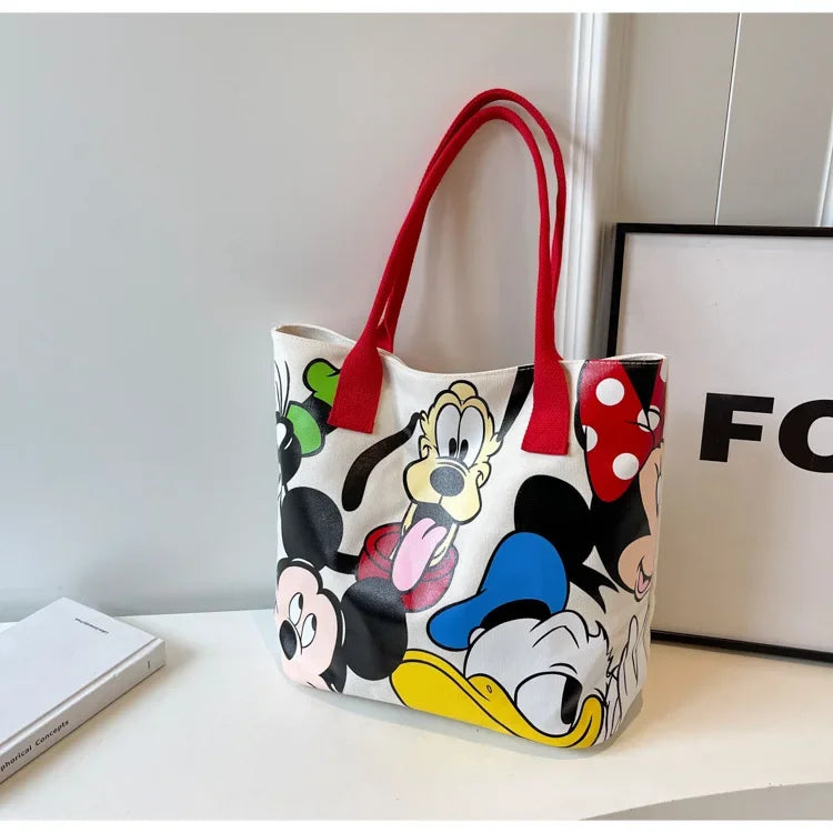 Disney Mickey Mouse Cartoon Large Capacity Canvas Shoulder Bag Female Cute Tote Student School Bag Minnie Handbag